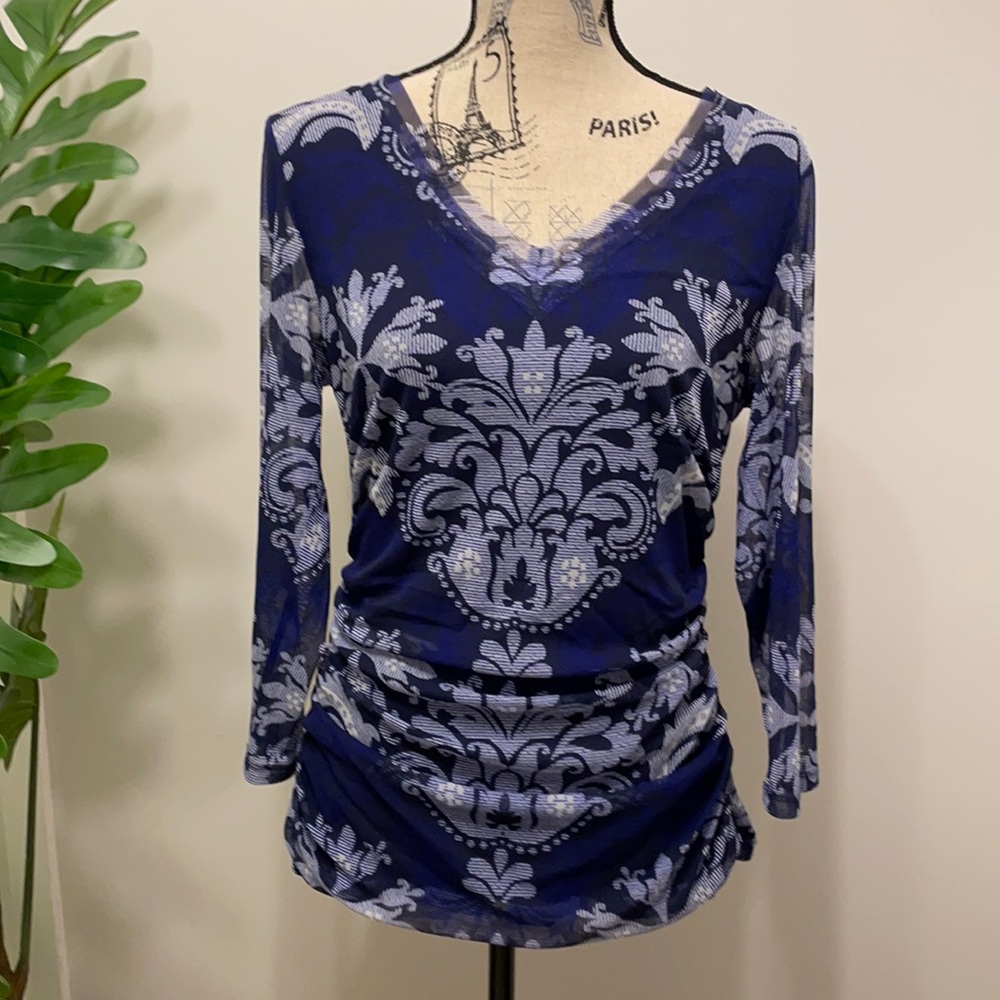 INC V neck Blue/White Motif Sheer Top